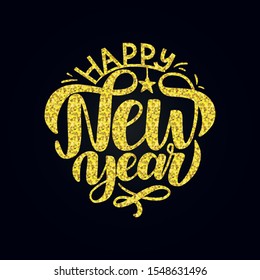 Happy New Year gold lettering logo in the shape of christmas ball. New Year golden text celebration composition. Golden confetti texture. Happy new year template for card, invitation, label. Vector