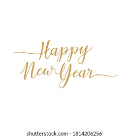 Happy New Year gold lettering text for greeting card. Holiday luxury golden design on white background. Vector illustration
