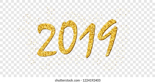 Happy New Year gold number 2019. Bright golden design with sparkle, isolated white transparent background. Holiday glitter typography Christmas banner, decoration, greeting card Vector illustration