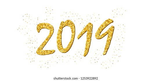 Happy New Year gold number 2019. Bright golden design with sparkle, isolated white background. Holiday glitter typography for Christmas banner, calendar, decoration, greeting card Vector illustration