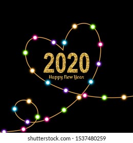 Happy New Year gold number 2020. Bright golden design with sparkle and colorful Xmas garland with heart one line.. Holiday glitter typography for Christmas banner, calendar, decoration, greeting card
