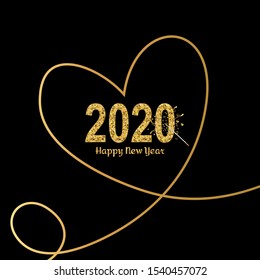 Happy New Year gold number 2020 with hearts in continuous drawing lines and Magic wand. Bright golden design with sparkle. Holiday glitter typography for Christmas banner, calendar, decoration