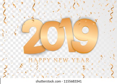 Happy new year. Gold Numbers Design of greeting card. Gold Shining Pattern of Confetti. Happy New Year Banner with 2019 Numbers. Vector illustration EPS10.