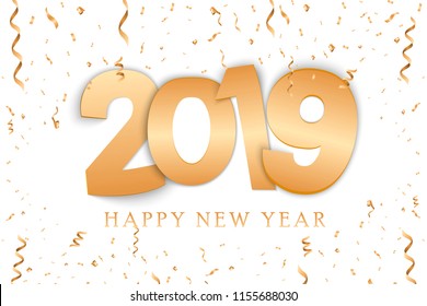 Happy new year. Gold Numbers Design of greeting card. Gold Shining Pattern of Confetti. Happy New Year Banner with 2019 Numbers. Vector illustration EPS10.