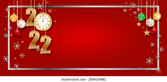 Happy new year gold and red colors place for text with christmas balls 2022 of vector illustration.