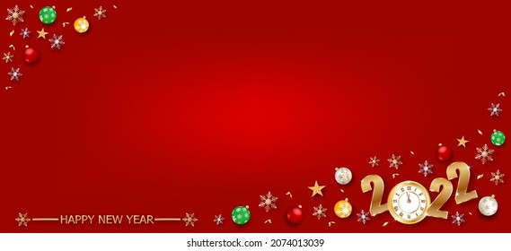 Happy new year gold and red colors place for text with christmas balls 2022 of vector illustration.