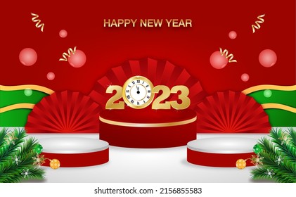 Happy new year gold and red colors place for text with christmas balls 2022 of vector illustration.