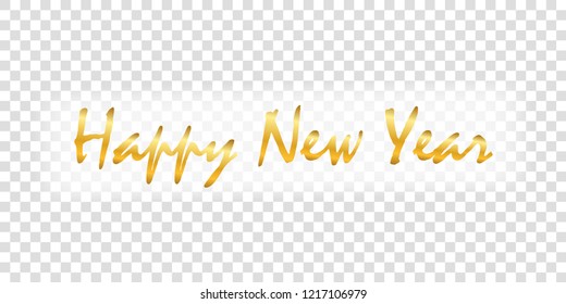 Happy New Year gold text decoration. Bright golden texture lettering, isolated white transparent background. Design typography for holiday, greeting card, Christmas celebration Vector illustration