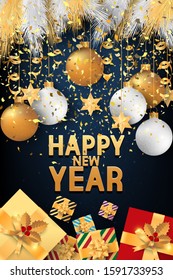 Happy new year gold text with gift box, balloon, ribbon, ball, Christmas tree and star on black background. Can be used for brochure, card, banner design templates. Vector illustration.