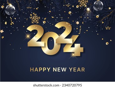 happy new year with gold text and blue background	