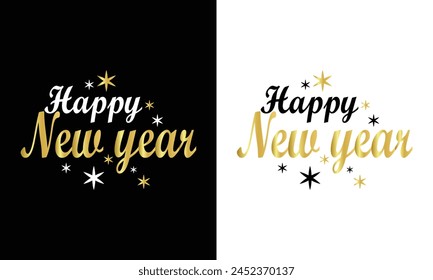 Happy New Year gold text on black and white background. Vector illustration.