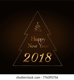 Happy New Year gold text in Christmas tree. Holiday background. Merry Christmas card, golden number 2018. Design for greeting decoration. Symbol of celebration. Vector illustration