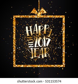 Happy new year gold typography and glittering frame. Holidays background with golden border. Vector illustration. Xmas greeting banner