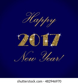 Happy New Year Gold Vector Design on a Blue Background. Golden Glitter New Year Poster. Background for Flyer, Poster,  Banner, Web, Header. 