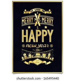 Happy new year gold wishes design card in retro poster style on black royal background. vector illustration CMYK eps8