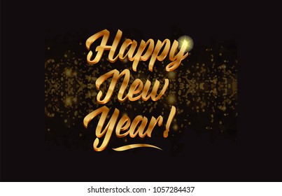happy new year gold word text with sparkle and glitter background suitable for card, brochure or typography logo design