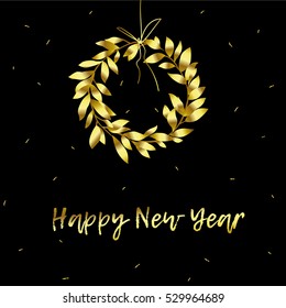 Happy New Year. Gold wreath and snow on black background. Hand drawn vector illustration. Luxury card.