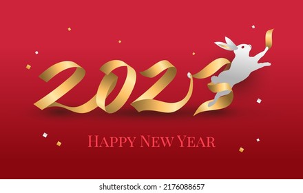 Happy New Year. Golden 3D numbers with ribbons. Chinese New Year, Lunar, 2023 , Year of the Rabbit.