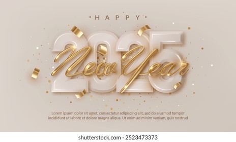 Happy New Year Golden 3D Realistic golden metal lettering with Pastel number 2025, ribbons and confetti on a white background.