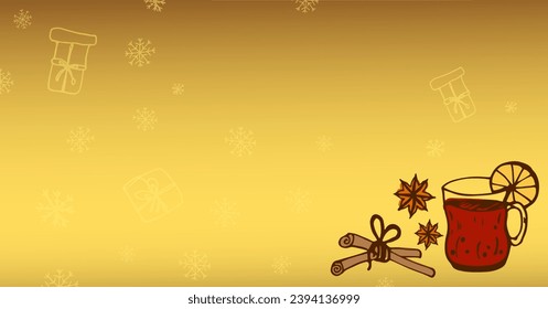 Happy new year golden banner. Vector Cup with hot drink, cinnamon sticks, vanilla doodle style. Golden background for website header, landing page, banner, poster.