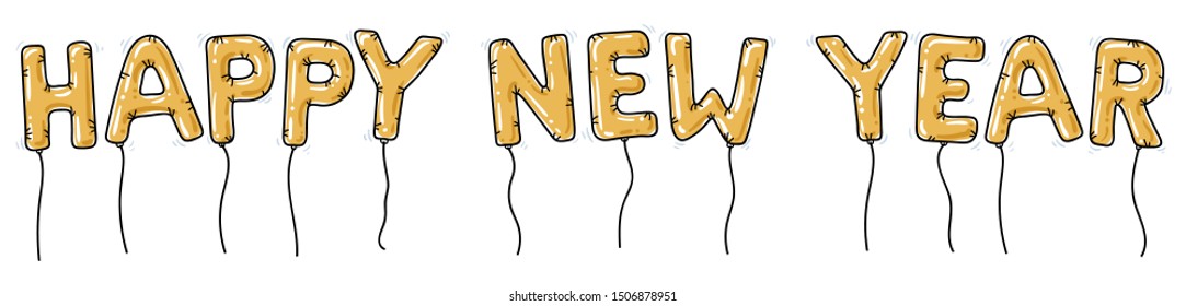 HAPPY NEW YEAR, golden cartoon balloon letters