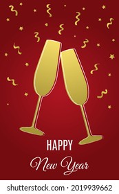 Happy New Year. Golden Champagne glasses, stars and ribbon on red background. Template for greeting card, poster, invitation. Vector illustration
