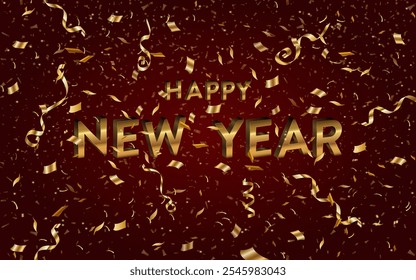 Happy New Year. Golden Confetti on red background. Holiday poster. Vector illustration.