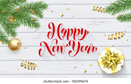 Happy New Year golden decoration, greeting card calligraphy font on white wooden background. Vector Christmas tree and Xmas gift winter holiday gold star shiny confetti decoration