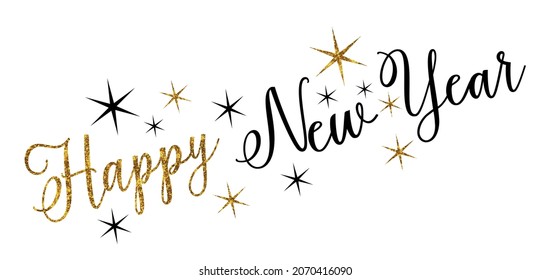 Happy New Year golden gold black glitter vector text isolate inscription.Greeting gift Card design.Winter holidays.Calligraphy lettering.Decor.Frame border.Vinyl wall sticker decal.DIY.Print.Banner.