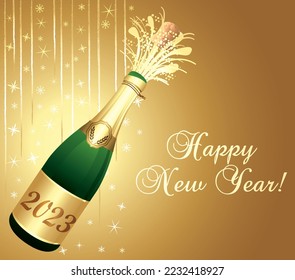 Happy new year ! Golden greeting card with champagne and party decorations. Vector illustration.