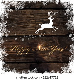 Happy New Year! Golden Greeting on Wooden Background. Deer silhouette. Snowflakes frame isolated to white. Easy to use in design projects for holiday, as is postcard, covers, posters, wallpapers... 