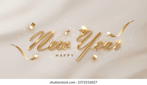 Happy new year golden inscription with ribbons and confetti on a white background. Banner for Christmas holiday