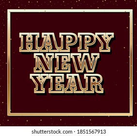 happy new year in golden lettering over red background vector illustration design