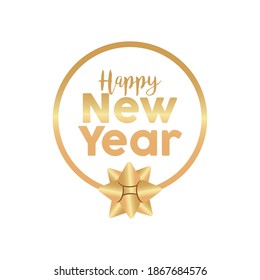 happy new year golden lettering with bow in circular frame vector illustration design