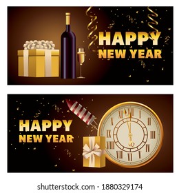 happy new year golden letterings with champagne and watch vector illustration design