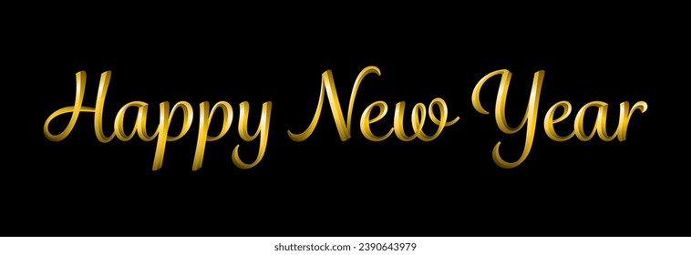 Happy New Year in golden metallic cursive vector font. Realistic reflective metal golden texture.