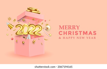 Happy New Year golden number sign 2022. Merry Christmas Background realistic 3d festive open gifts box. Xmas sale present. Holiday decorative pink boxes. Vector 3d illustration