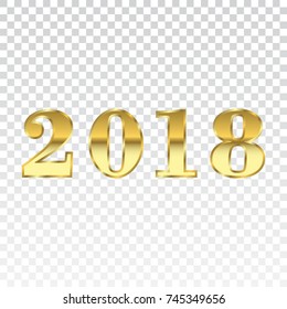 Happy New Year golden numbers. Gold numbers 2018 on white transparent background. Christmas and New Year design. Symbol of holiday, celebration. Luxury golden texture. Vector illustration