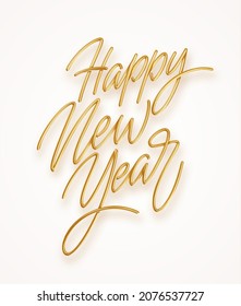 Happy New Year golden realistic 3d inscription isolated on white background. Lettering for New Year and Christmas greetings. Vector illustration EPS10