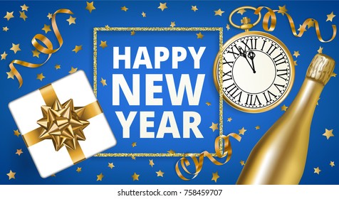 Happy New Year with golden serpentine streamers on blue background