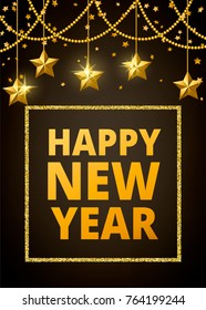 Happy New Year with golden serpentine streapers on black background