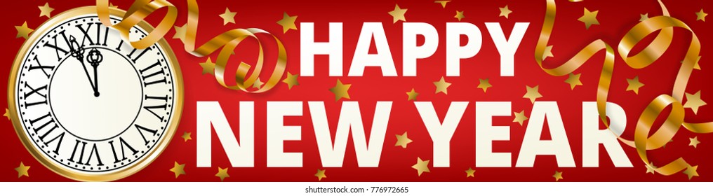 Happy New Year with golden serpentine streamers on red background