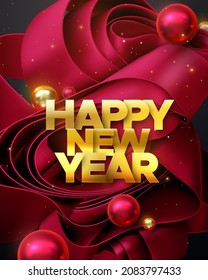 Happy New Year golden sign on red fabric ribbon background with Christmas balls and confetti sparkles. Vector holiday 3d illustration. Festive new year banner. Holiday decoration design