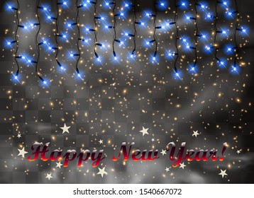 Happy new year! Golden snowflakes, snow background, snow flakes. Christmas golden snow for the new year. Heavy snowfall, snowflakes of various shapes and forms. Garlands decorations. Vector illustrati