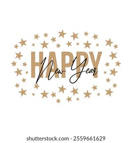 Happy New Year with golden text and stars around the text, Vector file for all applications