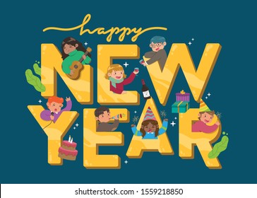 HAPPY NEW YEAR GOLDEN TYPOGRAPHY WITH PEOPLE CELEBRATING, DRINKING WINE, SING, PLAYING GUITAR, AND IGNITING FIREWORK, FOR POSTER, BANNER, OR POSTCARD