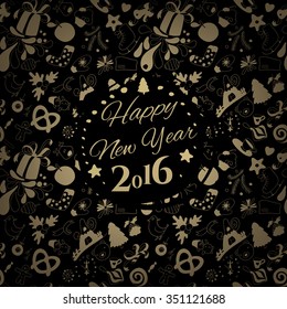 Happy New year Golden typography at black seamless pattern background. Vector illustration for seasons greetings. Hand drawing illustration.