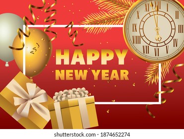 happy new year golden watch with gifts and balloons helium in square frame vector illustration design