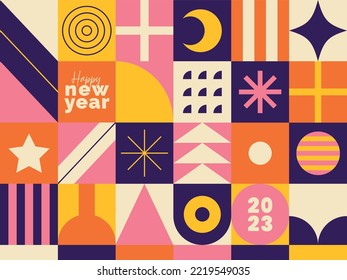 Happy new year graphic pattern. Geometric design. Abstract background. Decorative vector illustration. Winter holidays. Modern trendy patterns. Header with geometrical shapes. Bauhaus influence.