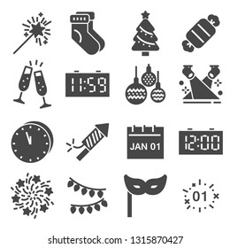 Happy New Year gray icons set. Vector illustrations